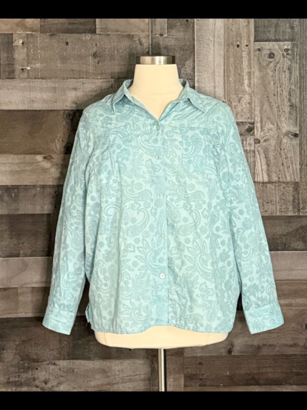 CJ Banks blue floral paisley button up shirt 2XLarge coastal cowgirl grannycore